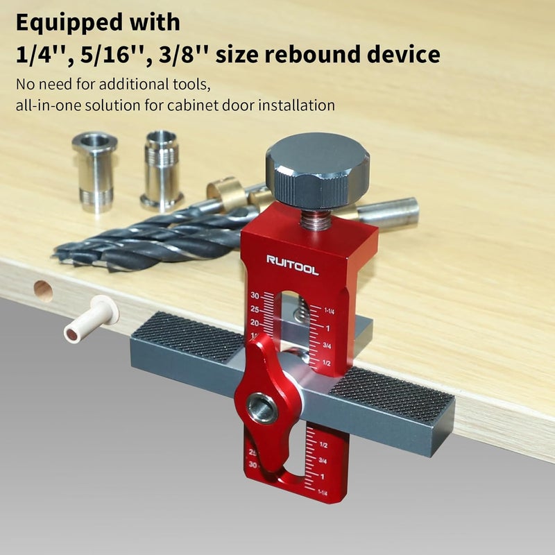 RUITOOL 2-in-1 Cabinet Door Mounting Jig & Rebound Device Tool with Bag, Installation Positioner for Frameless Cabinets Only, Easily Adjustable Aluminium Alloy Cabinet Hardware Jig with 3 Drill Bits - Image 4